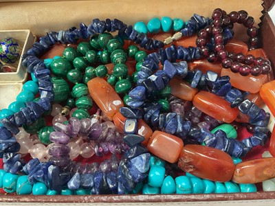 Lot 45 - Group of semi-precious bead necklaces including malachite, turquoise, amethyst etc, silver mounted amber ring and pendant, two pairs of cloisonné enamel clip on earrings etc