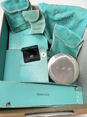 Lot 47 - Collection of vintage Tiffany & Co empty boxes and pouches, together with a Tiffany pewter pot with cover and a silver dress stud