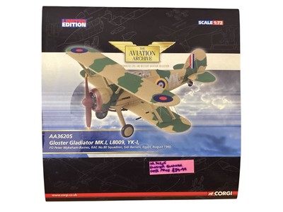 Lot 1710 - Corgi The Aviation Archive Limited edition 1:72 scale twin wing diecast aircraft including Gloster Gladiator Mk1, certificate `272/1910 boxed AA36205, Westland Lysander MkII, certificate 0847/33...