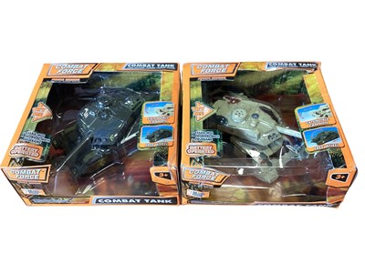 Lot 1713 - Combat Force Jungle Mission Panzer Tank (x4) and Airbourne Mission Copter, in window boxes, plus Jeep & Atlas Editions Military vehicles, in Perspex cover boxes and 1:32 scale Sherman Tank (...