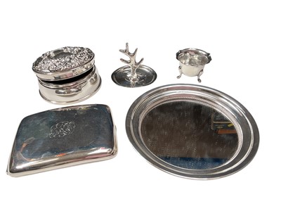 Lot 55 - Group of silver to include a jewellery box with velvet lining, cigarette case, circular dish, salt and a ring tree (5)