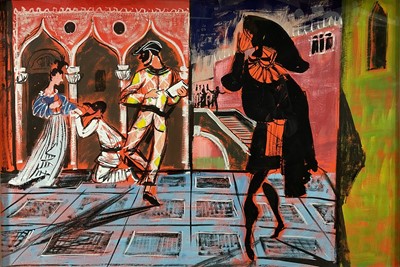 Lot 7 - Leslie Roy Hobdell (1911-1961) gouache, Venice Carnival, 53cm x 79cm, glazed frame