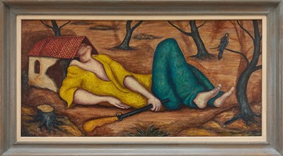 Lot 1240 - *Leon Underwood (1890-1975) oil on board - Man of Property, initialled and dated '65, inscribed verso, 45cm x 95cm, framed