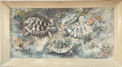 Lot 323 - Hilda Chancellor Pope (1913-1976) mixed media on board, Tortoises, signed, 29cm x 60cm, framed