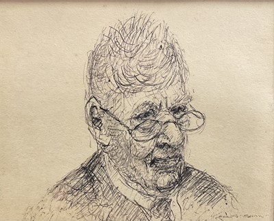 Lot 44 - Ellis Shaw (20th century) pen sketch portrait of Lowry, signed, 10cm x 13.5cm, glazed frame