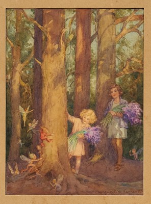 Lot 1232 - Margaret W. Tarrant (1888-1959) original watercolour, ‘There must be fairies here’, signed, 20.5cm x 15cm, glazed frame