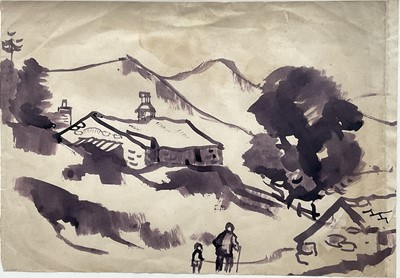 Lot 1285 - Manner of Kyffin William (1918-2006) watercolour sketch - Figures in a Landscape, 25cm x 37cm, in glazed frame