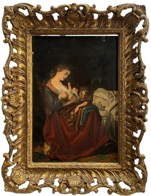 Lot 52 - Victorian oil on board, Mother, infant, child and ginger cat, 25cm x 18cm, gilt frame