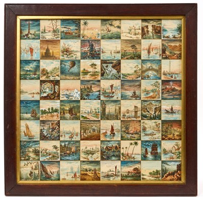 Lot 1000 - Rare Victorian watercolour chess board, signed C A Barrett '89, the sixty four squares each depicting international landscape scenes, 33 x 33cm in glazed oak frame of the period