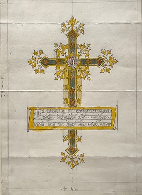 Lot 1235 - Five antique ink and watercolour stained glass designs, the largest 29cm x 20cm, glazed frames