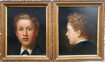 Lot 1221 - Henry Grant, 19th century, pair of oils on canvas, two portraits, a young man, dated 1872 and 1873, signed, 32cm x 25cm, gilt frames