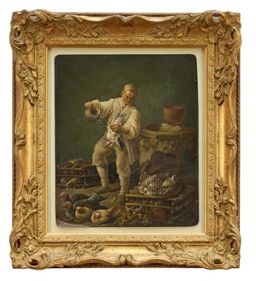 Lot 1269 - Attributed to Giorgio Giacoboni (Venetian/Italian 1716-62) oil on copper panel - The Game Seller, monogrammed, 31cm x 26cm, in gilt frame