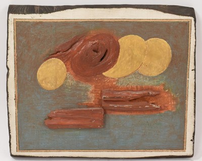 Lot 1002 - Ulrico Schettini (b. 1932) wood and paint, abstract landscape