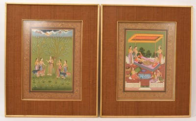 Lot 1003 - Pair of Persian watercolours, each depicting courtesans in a landscape and on a pagoda, in foliate border, each 43cm x 25cm, glazed frames