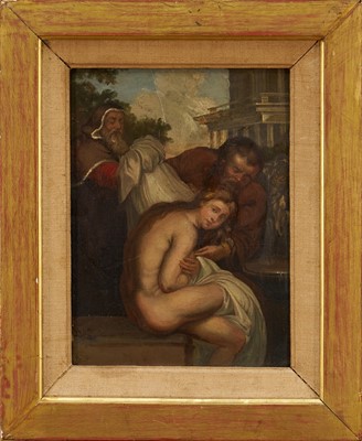 Lot 1268 - Continental School, 18th century, oil on panel - Susanna and The Elders, after Rubens, 27cm x 20cm, in gilt frame