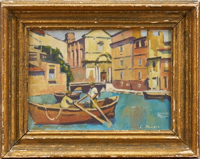 Lot 1230 - Lucy Plowden, 20th century oil on canvas board, Venice canal, signed, 24cm x 34cm, glazed frame