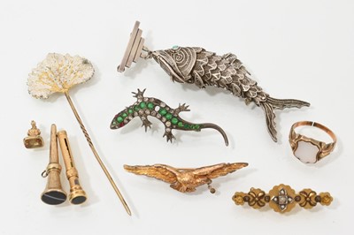 Lot 713 - Articulated fish, leaf pin, 2 propelling pencils, ring, three brooches