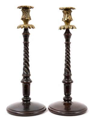 Lot 943 - Large pair of 19th century bronze mounted turned hardwood candlesticks