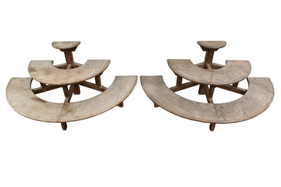 Lot 1414 - Pair of arts and crafts silvered oak demi-lune stands