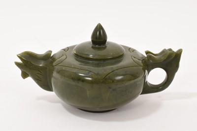 Lot 964 - Chinese Jade or green hardstone teaset comprising teapot and four tea bowls on shaped tray