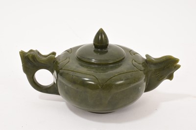 Lot 964 - Chinese Jade or green hardstone teaset comprising teapot and four tea bowls on shaped tray