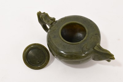Lot 964 - Chinese Jade or green hardstone teaset comprising teapot and four tea bowls on shaped tray