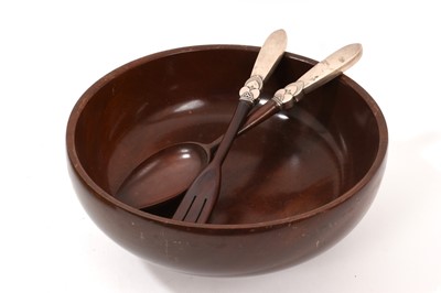 Lot 896 - Silver footed turned wooden salad bowl with silver handled servers