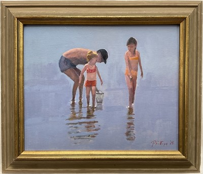 Lot 203 - Peter Z. Phillips, oil on board, Children playing in the shallows, signed, and dated '25, in gilt frame, 24 x 29cm.