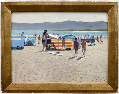 Lot 202 - Peter Z. Phillips, oil on board, Sandbanks Beach, signed and dated '25, in gilt frame, 29 x 39cm.