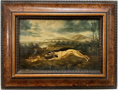 Lot 197 - 19th century-style, oil on canvas, hare coursing scene, in maple frame, 19cm x 29cm
