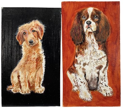 Lot 200 - Geoff Porter, oils on board, "Beauty" a spaniel and "Paws" a terrier, inscribed verso, unframed. 22 x 12 and 20 x 13cm. (2)