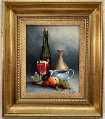 Lot 196 - D. Roberts 20th century, oil on panel, still life of a wine bottle, a glass and fruit, signed, in gilt frame. 24 x 18cm.