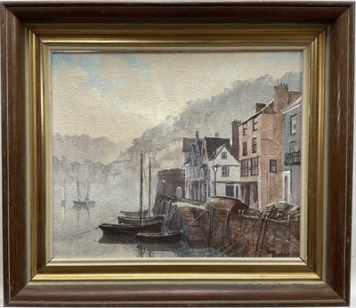 Lot 157 - John Donaldson (born 1945), oil on canvas, harbour scene with dinghies tied to a sea wall, buildings beyond, oil on canvas, signed, in wood and gilt frame. 25 x 30cm.                            ...