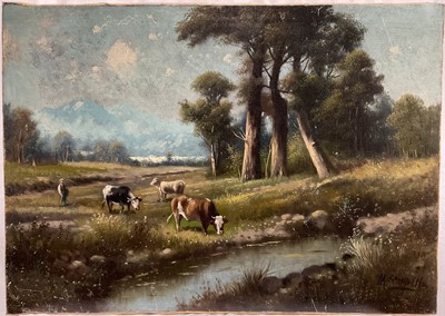 Lot 154 - M. Zampella, late 19th century, oil on canvas, extensive landscape with cattle being herded to water at a stream, signed, unframed. 49 x 70cm.                                        <...