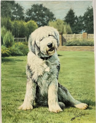 Lot 153 - J. Dawes, oil on canvas, Old English Sheepdog sitting in a garden, signed and dated 1983, unframed. 46 x 61cm.