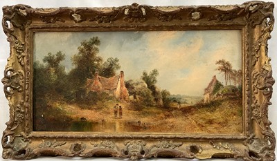 Lot 198 - W. J. Wall, 19th century, oil on canvas, country scene with figures by a pond near cottages, signed, in gilt frame. 19 x 39cm.