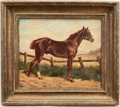 Lot 201 - English School 19th century, oil on canvas laid on board, chestnut hunter standing in a field, in gilt frame. 27 x 32cm.