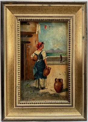 Lot 199 - Neapolitan School Late 19th century, oil on board, Italian peasant girl looking across the Bay of Naples to Vesuvius, indistinctly signed, in gilt frame. 16 x 9.5cm.                  ...