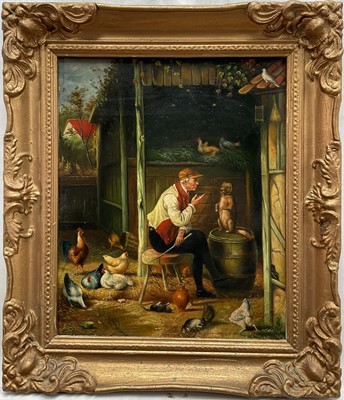 Lot 155 - English School, early 20th century, Old man teaching his dog tricks in a barn with chickens, doves, and chickens. 25 x 20cm.