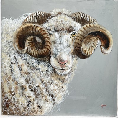Lot 93 - John Ryan, acrylic, Head of a Ram, signed, unframed, 49.5 x 49.5cm