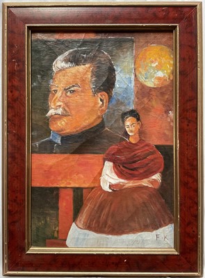 Lot 100 - After Frida Karlo, oil on canvas, Stalin and Me, framed, 58.5 x 38cm