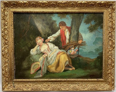 Lot 99 - French School, oil on canvas, Courting Couple, indistinctly signed, framed, 29.5cm x 30.5