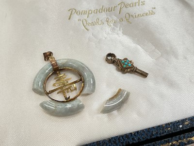 Lot 25 - Collection of vintage costume jewellery including a Victorian turquoise set watch winding key and a Chinese yellow metal and jade / green hardstone pendant (broken)