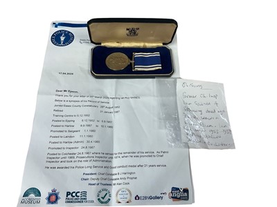 Lot 756 - Elizabeth II Police Long Service and Good Conduct medal named to Ch. Inspr. Ian. R. Saines, in box of issue, together with some printed research.