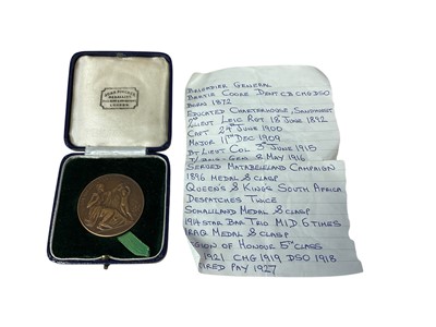 Lot 759 - 1930s bronze Amateur Gardening medal / medallion named to Brig. Gen. B. C. Dent 1939, 48mm, in John Pinches box of issue, together with some research on Brigadier General Bertie Coore Dent C.B....