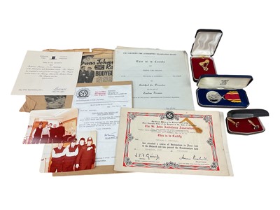 Lot 760 - Elizabeth II Fire Brigade Long Service medal named to Sub Offr Terence J Jennings, in box of issue, together with cufflinks, silver badge and related paperwork to Terence John Jennings of Newcas...