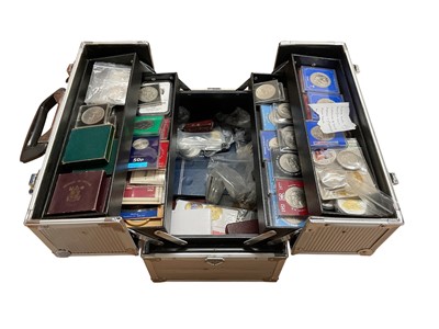 Lot 401 - World - An aluminium tool box containing a quantity of mixed coins & medallions to include 4th century A.D. Roman AE coins x 24 (N.B. Mixed grades), G.B. Crowns 1951, 1953, Play Money, Cartw...
