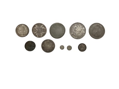 Lot 405 - G.B. - Mixed silver coinage to include William III Shilling 1696 VG-AF, Anne Half Crown 1707E G-VG, George III Six Pence 1787 VF, Bank of England Dollar 1804 F, William IV One and a Half Pence 1...