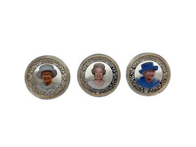 Lot 411 - World - Mixed coinage to include gold/silver plated Queen Elizabeth II 'Birthday Jubilee' coloured commemorative medallions, Greece copper 10 Lepra 1830 G-VG & other issues (Qty)