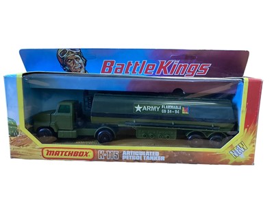 Lot 1721 - Matchbox Battle Kings military vehicles including Articulated petrol Tanker ~ K-115, 155mm S.P.Howitzer # K-107 and DAF Ambulance ~ K-112 etc.